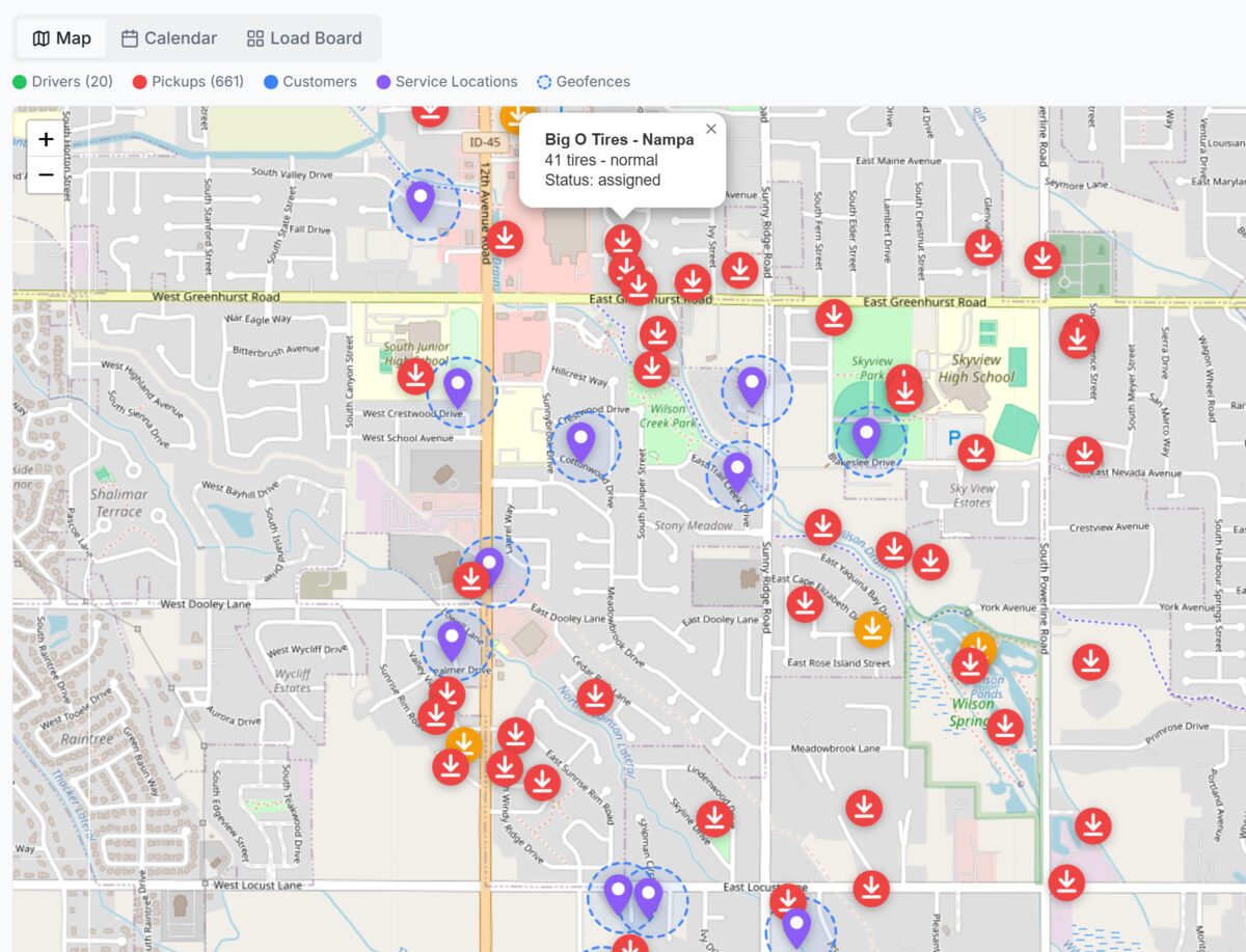WeighWaste dispatch map showing pickup locations, service locations, and geofence boundaries
