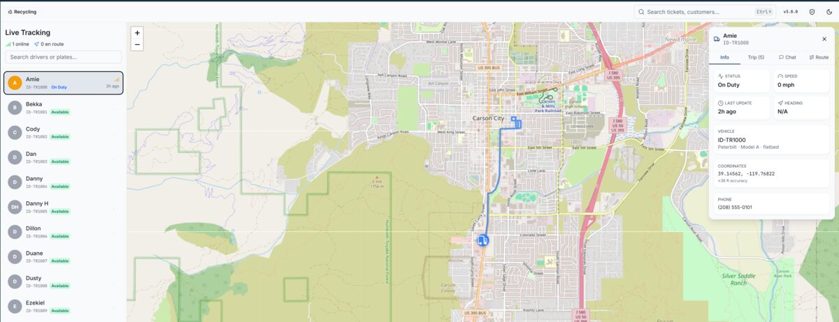 WeighWaste live tracking map showing driver positions with trip history and vehicle details
