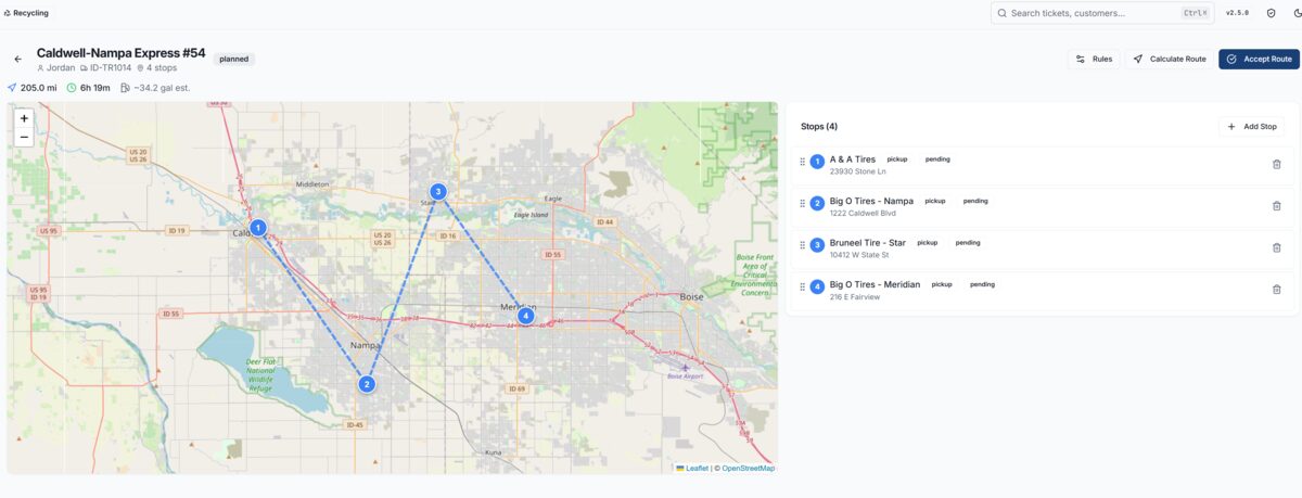 WeighWaste route planner with OSRM road-following polylines and stop management