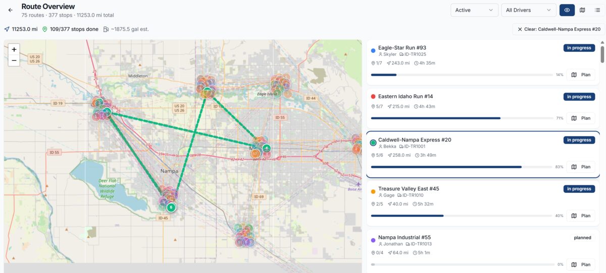 WeighWaste route overview showing active routes across Idaho with progress bars and driver assignments